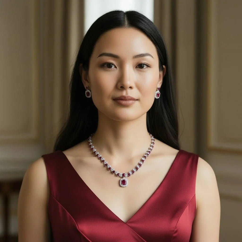 Red Ruby Tone AD Necklace Set - Halo Grace