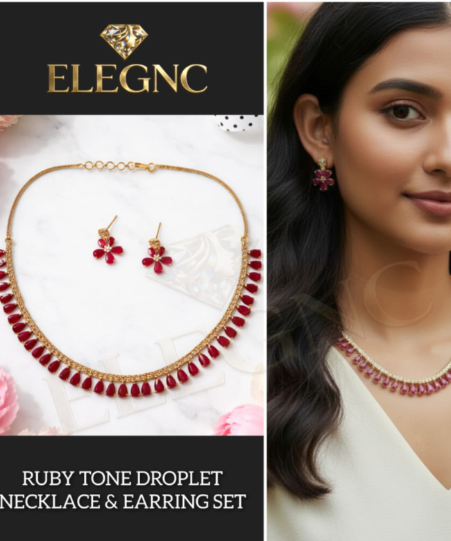 Red Ruby Tone Necklace Set - Petal Drop