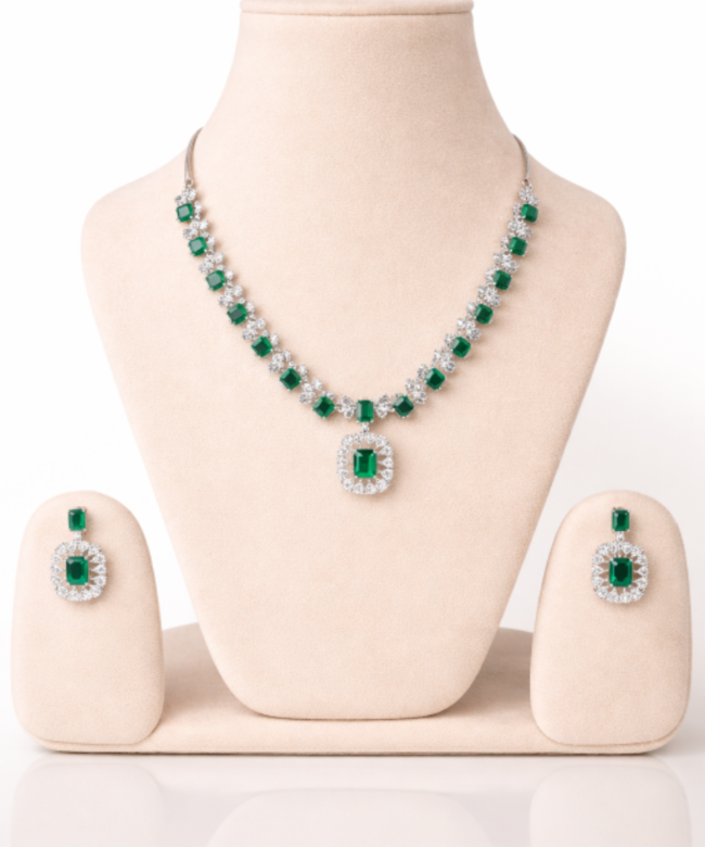Green Emerald Tone AD Necklace Set - Halo Grace