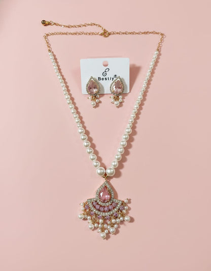 Pink Pearl Tone AD Necklace Set - Rajsi Noor