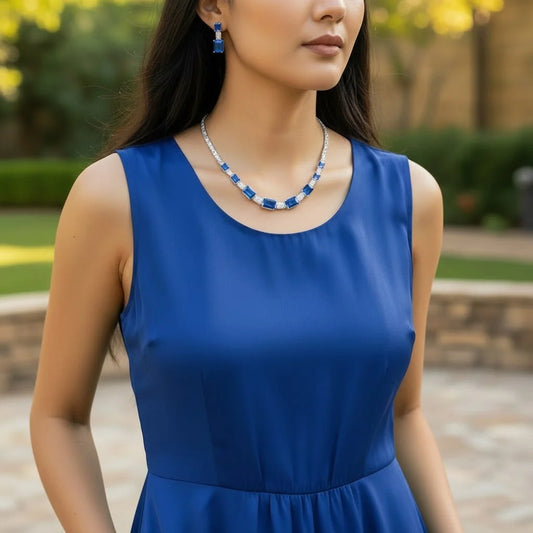 Blue Sapphire Tone AD Necklace Set - Prism Line