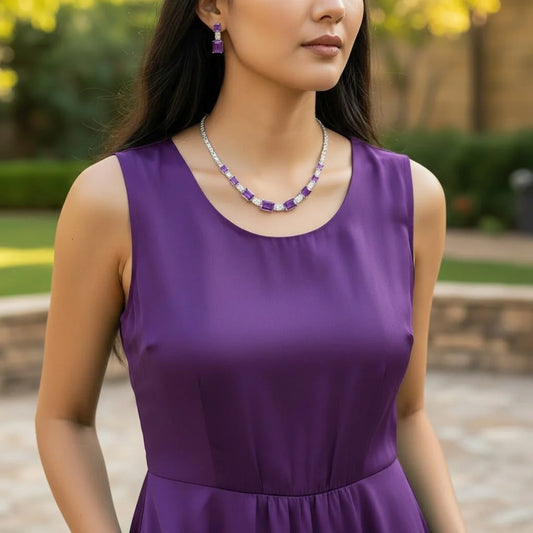Violet Amethyst Tone AD Necklace Set - Prism Line