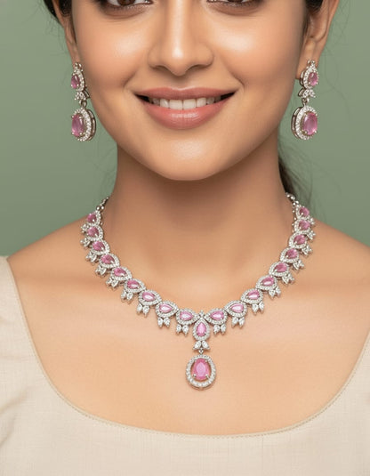 Pink Rose Tone AD Necklace Set - Petal Charm