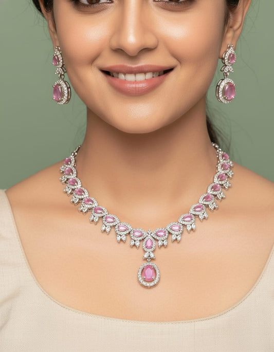 Pink Rose Tone AD Necklace Set - Petal Charm