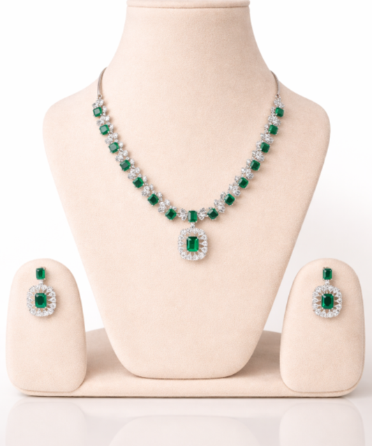 Green Emerald Tone AD Necklace Set - Halo Grace