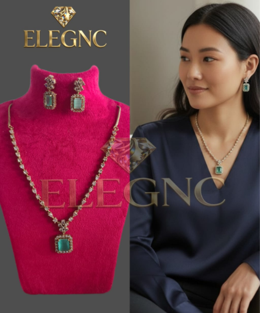Turquoise Green Tone AD Necklace Set - Regal Square