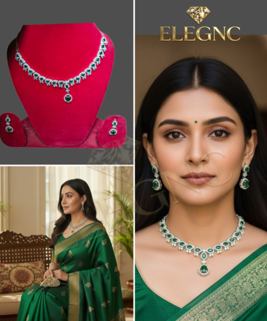 Green Emerald Tone AD Necklace Set - Petal Charm