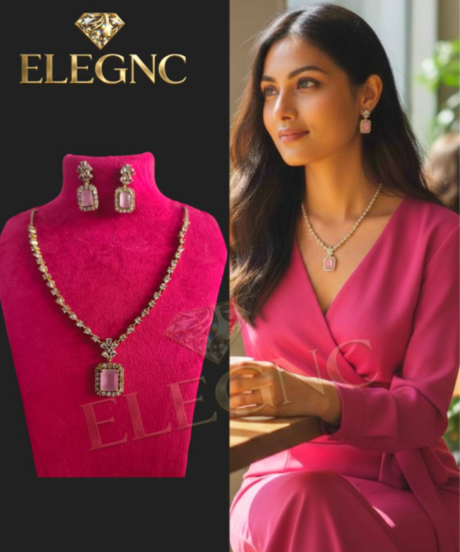 Baby Pink Rose Tone AD Necklace Set - Regal Square