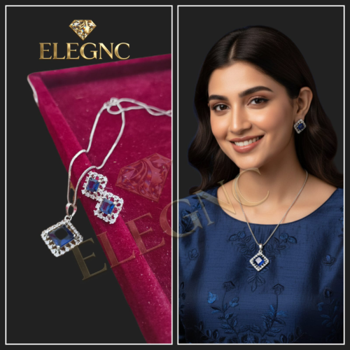 Blue Sapphire Tone AD Pendant Set - Halo Square