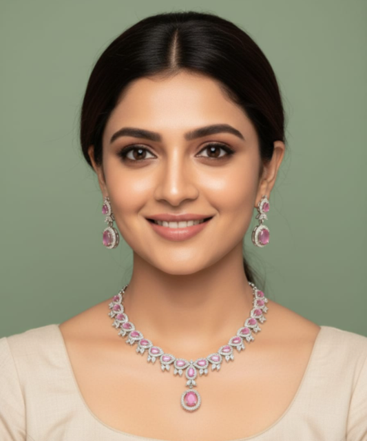 Pink Rose Tone AD Necklace Set - Petal Charm