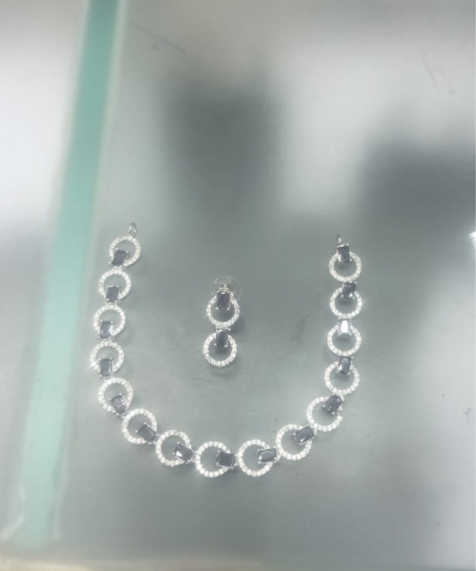 Blue Sapphire Tone AD Necklace Set - Halo Chain Link