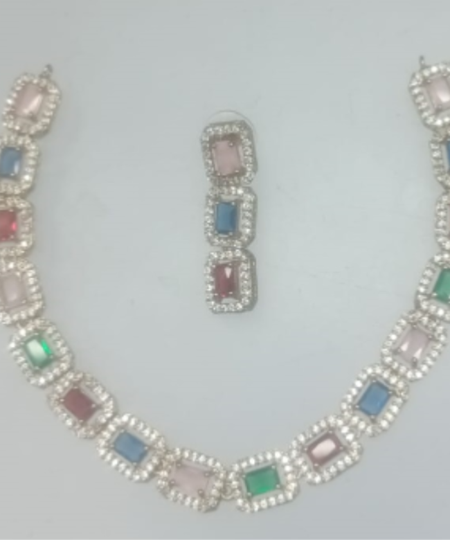 Multicolor Stone Tone AD Necklace Set - Prism Link
