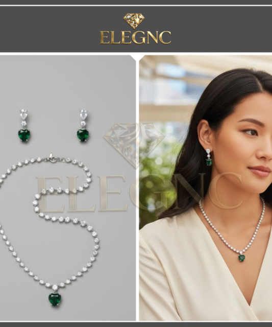 Green Emerald Tone AD Necklace Set - Heart Drop