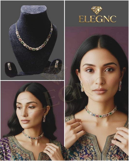 Multicolor Stone Tone AD Necklace Set - Prism Link