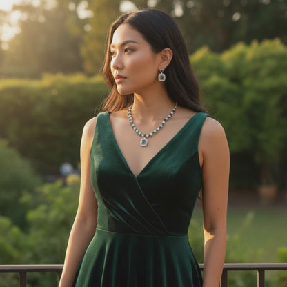 Green Emerald Tone AD Necklace Set - Halo Grace